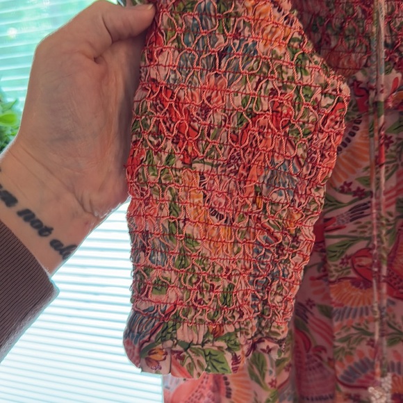 Farm Rio Anthropologie Pink Macaw Flight Smocked Midi Dress - Picture 9 of 13